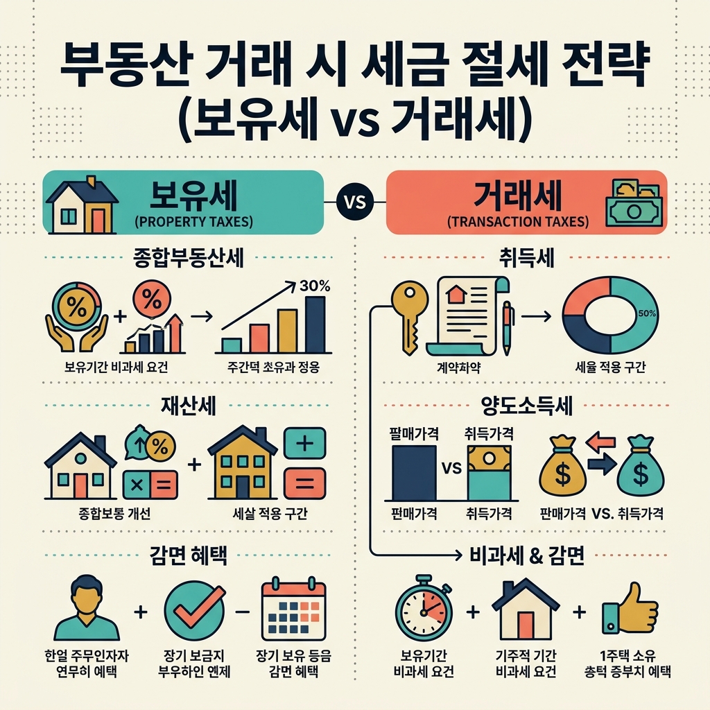 ai thumbnail infographic 부동산 거래 시 세금 절세 전략 보유세 vs 거래세 1787695268