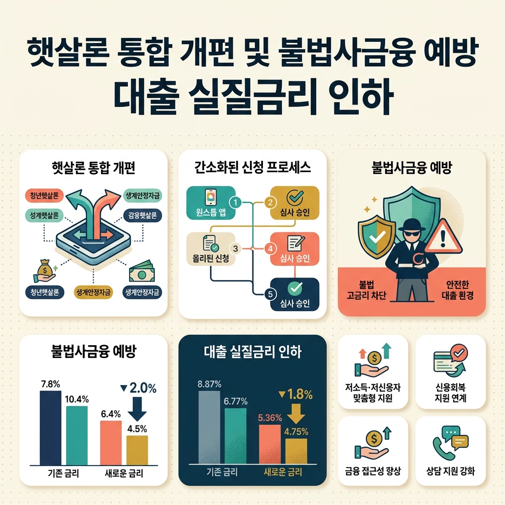 ai thumbnail infographic 햇살론 통합 개편 및 불법사금융 예방 대출 실질금리 인하 1788125680
